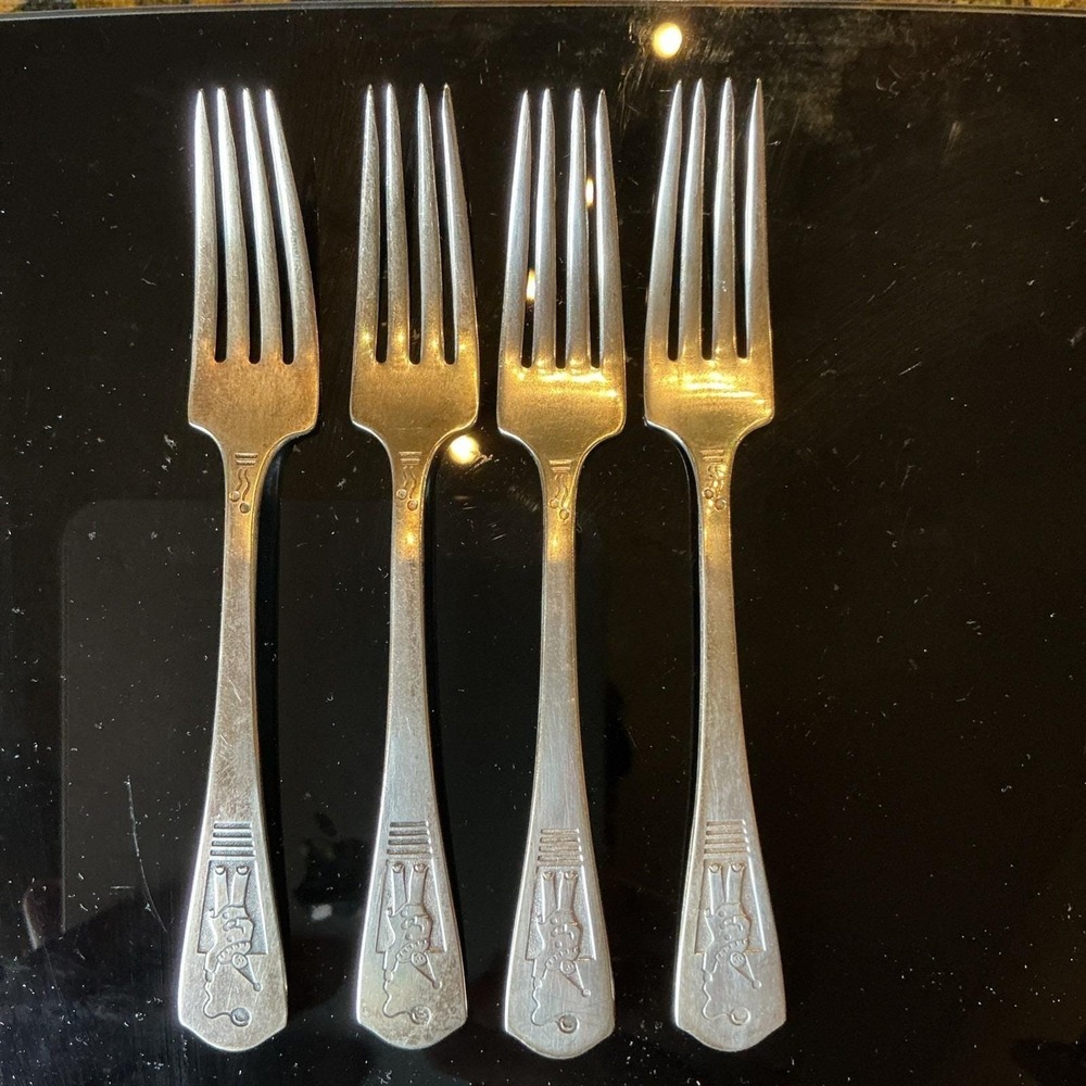 Set Of Four Imperial Silver Plate Childs Clown And Balloons Flatware Forks